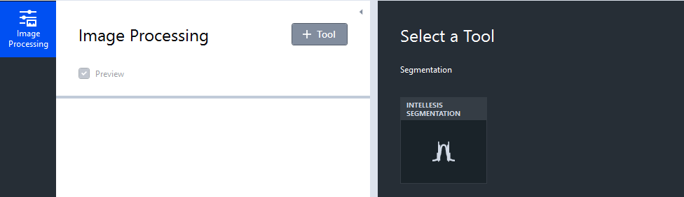 Software interface with 'Image Processing' panel left and 'Select a Tool' right, INTELLESIS SEGMENTATION tile