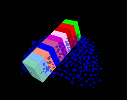 3D view of stacked multicolored rectangular blocks with scattered blue dots on black background