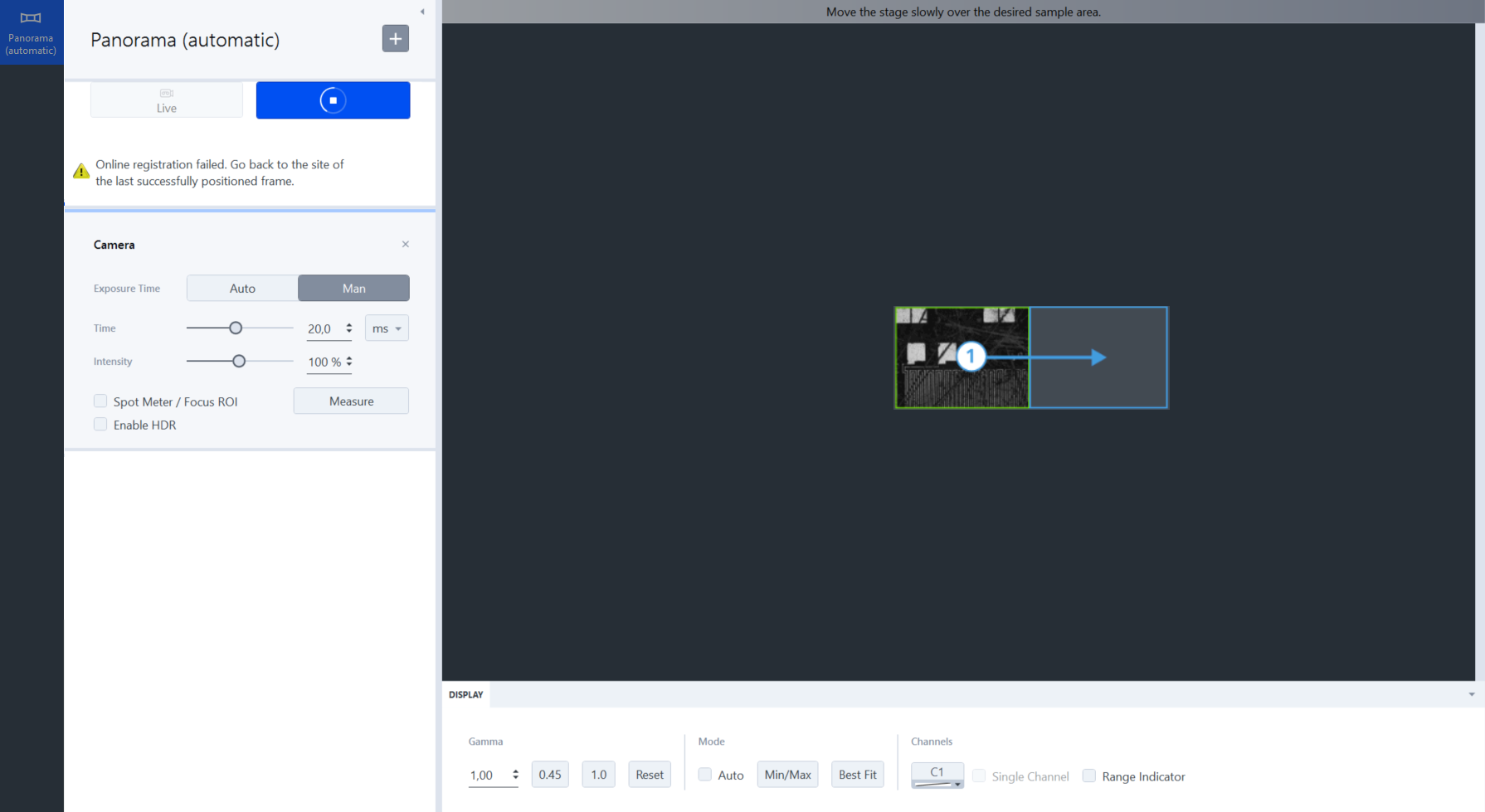 Panorama (automatic) panel with Camera (20.0 ms, 100%) and small frames with arrow labeled 1