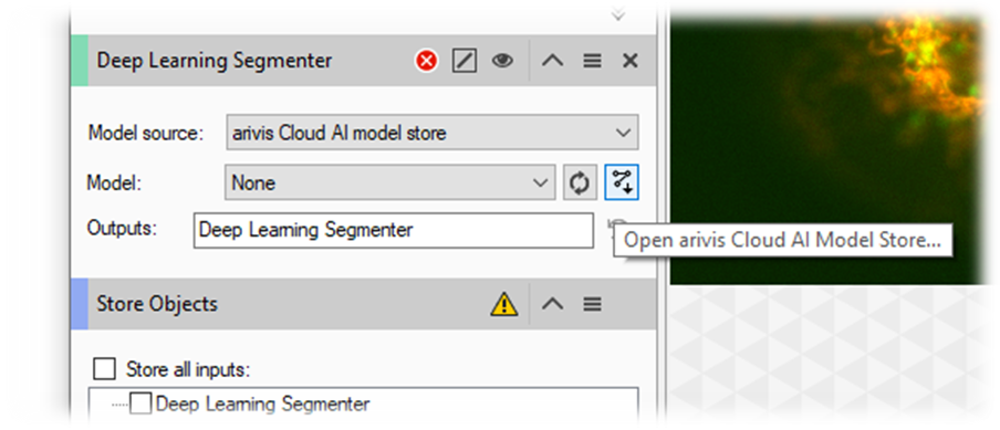 Deep Learning Segmenter panel showing Model source arivis Cloud AI model store and Model: None