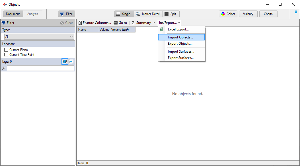 Objects panel showing 'No objects found.' and Im/Export menu with 'Import Objects...' highlighted