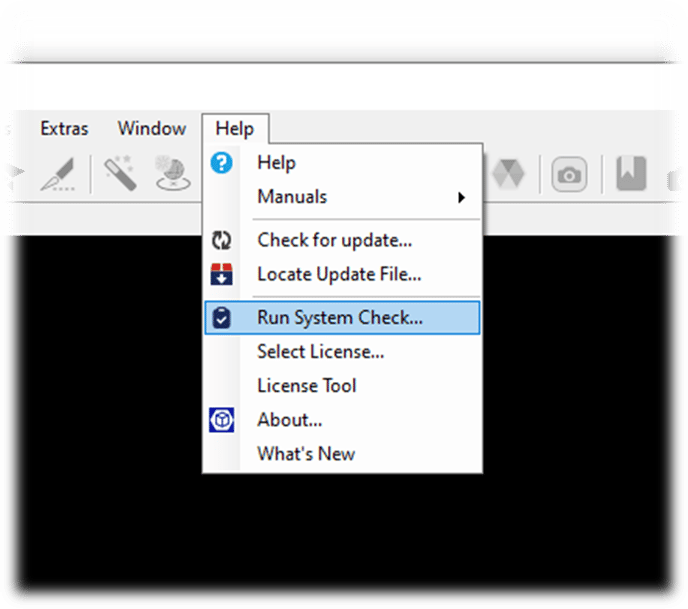 Application menu open to Help with Run System Check... option highlighted
