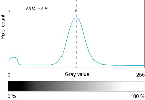 Pixel count vs Gray value line graph with centered dashed peak, annotated 55% ± 5%, grayscale bar 0%–100%