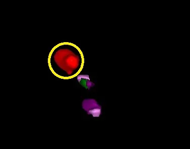 Close-up on colored 3D blobs on black background with yellow circle around a red blob
