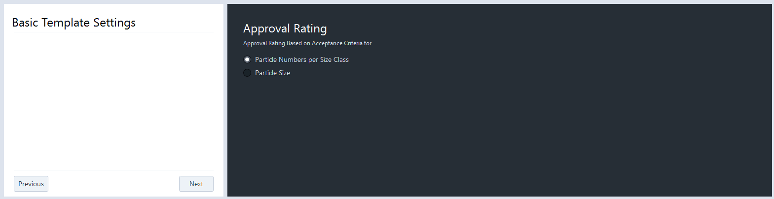 UI: left Basic Template Settings; right Approval Rating with 'Particle Numbers per Size Class' (selected) and 'Particle Size'