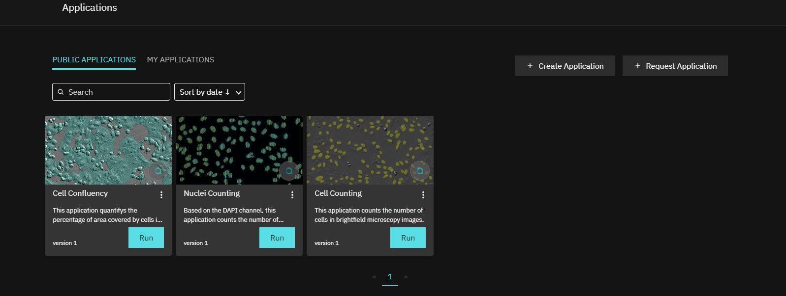 Dark web interface showing Applications gallery with three cards titled Cell Confluency, Nuclei Counting, Cell Counting