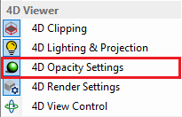 4D Viewer panel list with 4D Opacity Settings entry highlighted