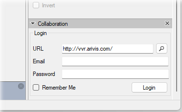 Collaboration login panel with URL set to http://vvr.arivis.com/, empty Email and Password fields and Login button