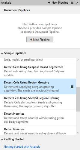 Document Pipelines pane with + New Pipeline button and highlighted Detect Cells Using Region Growing sample pipeline