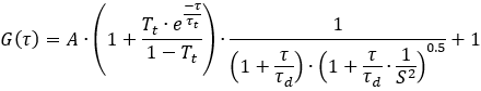 G(τ)=A·(1+(T_t·e^{−τ/τ_t})/(1−T_t))·1/(1+τ/τ_d)·1/(1+τ/τ_d·1/S^2)^{1/2}+1
