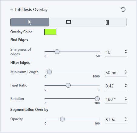 Intellesis Overlay panel with green Overlay Color swatch, Find/Filter Edges controls and Opacity 31%