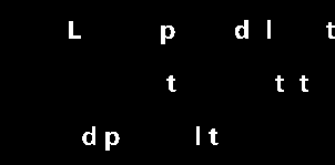 Black image showing fragmented white letters and isolated character pieces