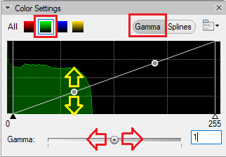 Color Settings dialog showing Gamma tab, diagonal curve graph, Gamma slider and numeric value 1