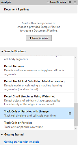 Analysis panel showing 'Document Pipelines', '+ New Pipeline' button and 'Track Cells or Particles with Lineage' selected