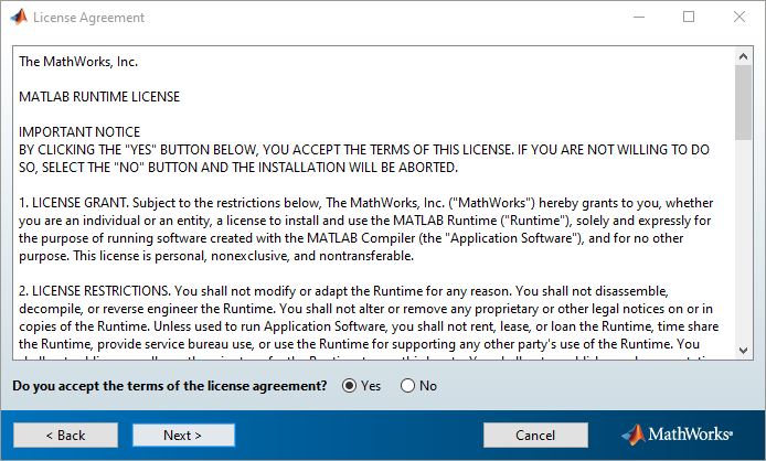License Agreement dialog showing The MathWorks license text and question 'Do you accept the terms of the license agreement? Yes No' with Next and Cancel