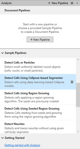 Analysis pane: Document Pipelines, + New Pipeline button, Sample Pipelines with Detect Cells Using Region Growing highlighted