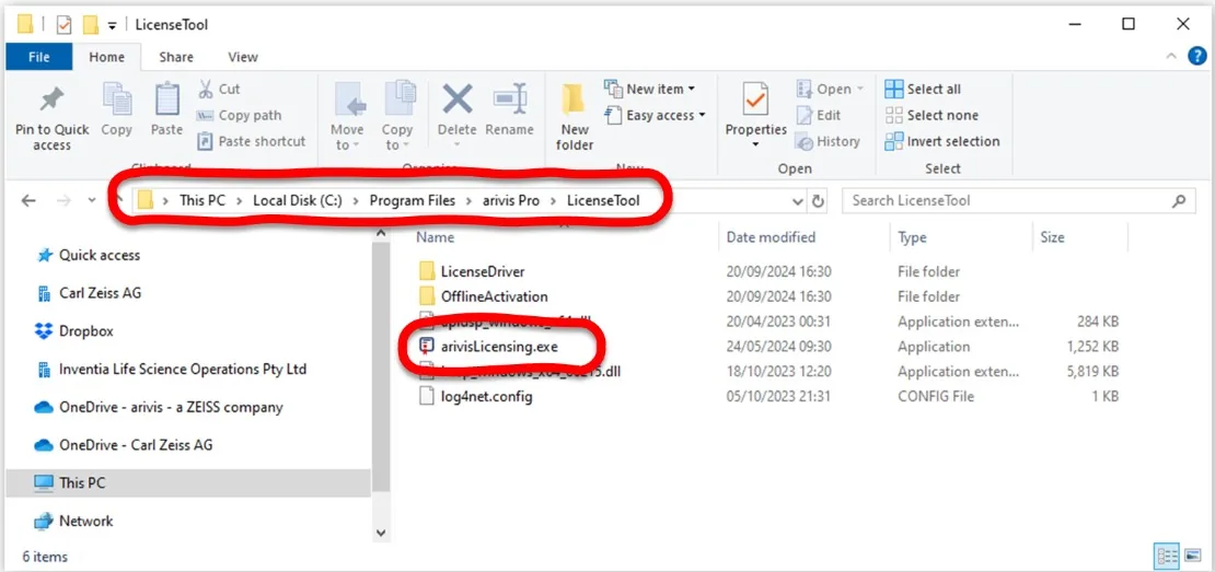 File Explorer showing breadcrumb ending in LicenseTool and arivisLicensing.exe highlighted