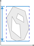 Gray irregular polygon with two white holes inside a blue dashed bounding box and blue double-headed vertical arrow