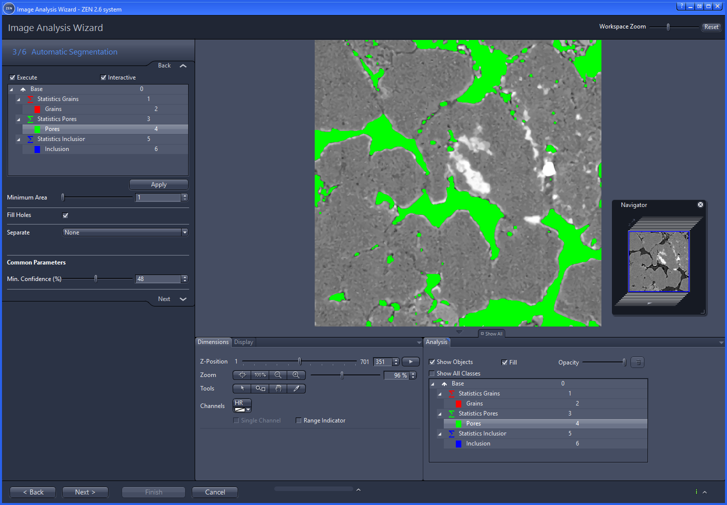 Image Analysis Wizard showing grayscale sample with bright green areas labeled Pores in Automatic Segmentation panel
