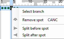 Right-click context menu listing Select branch, Remove spot CANC, Split before spot, Split after spot