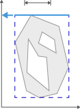 Gray irregular polygon with two white holes inside a dashed blue bounding box and blue horizontal arrows above