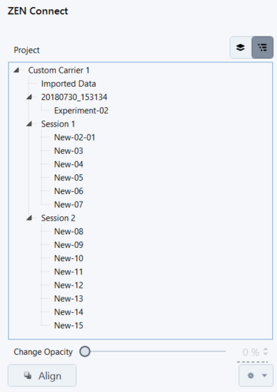 ZEN Connect project tree showing Session 1 (New-02-01…New-07) and Session 2 (New-08…New-15) and Opacity slider