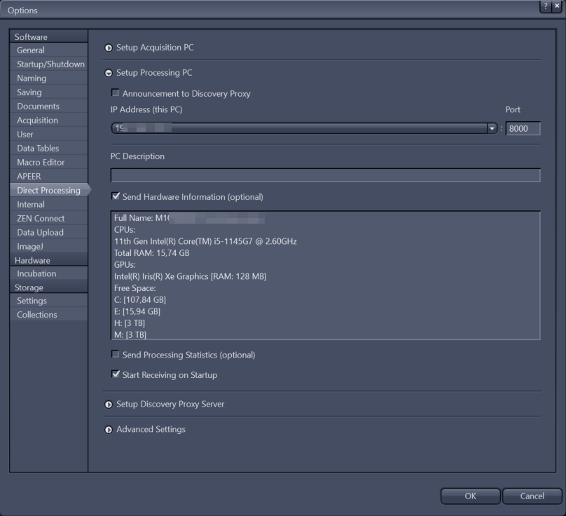Options: Setup Processing PC with blurred IP, Port 8000, 'Send Hardware Information' checked and hardware details listed