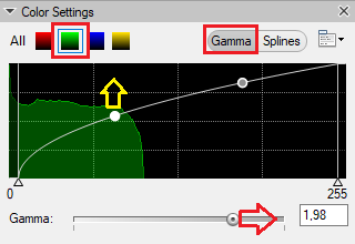 Color Settings dialog Gamma tab, green channel selected, curve with white control points and Gamma: 1,98