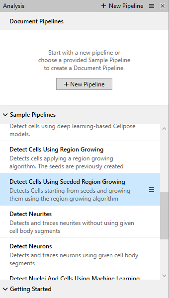 Analysis pane showing Sample Pipelines with 'Detect Cells Using Seeded Region Growing' highlighted