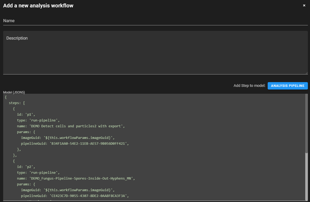 Dialog 'Add a new analysis workflow' with Name and Description fields and a Model (JSON5) panel showing pipeline JSON
