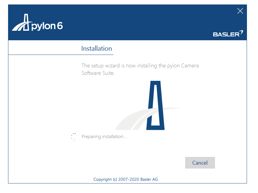 pylon 6 installer window titled Installation with Preparing installation... text, Cancel button and BASLER logo