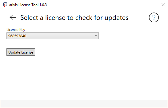 arivis License Tool header 'Select a license to check for updates', License Key dropdown 968593840 and Update License button