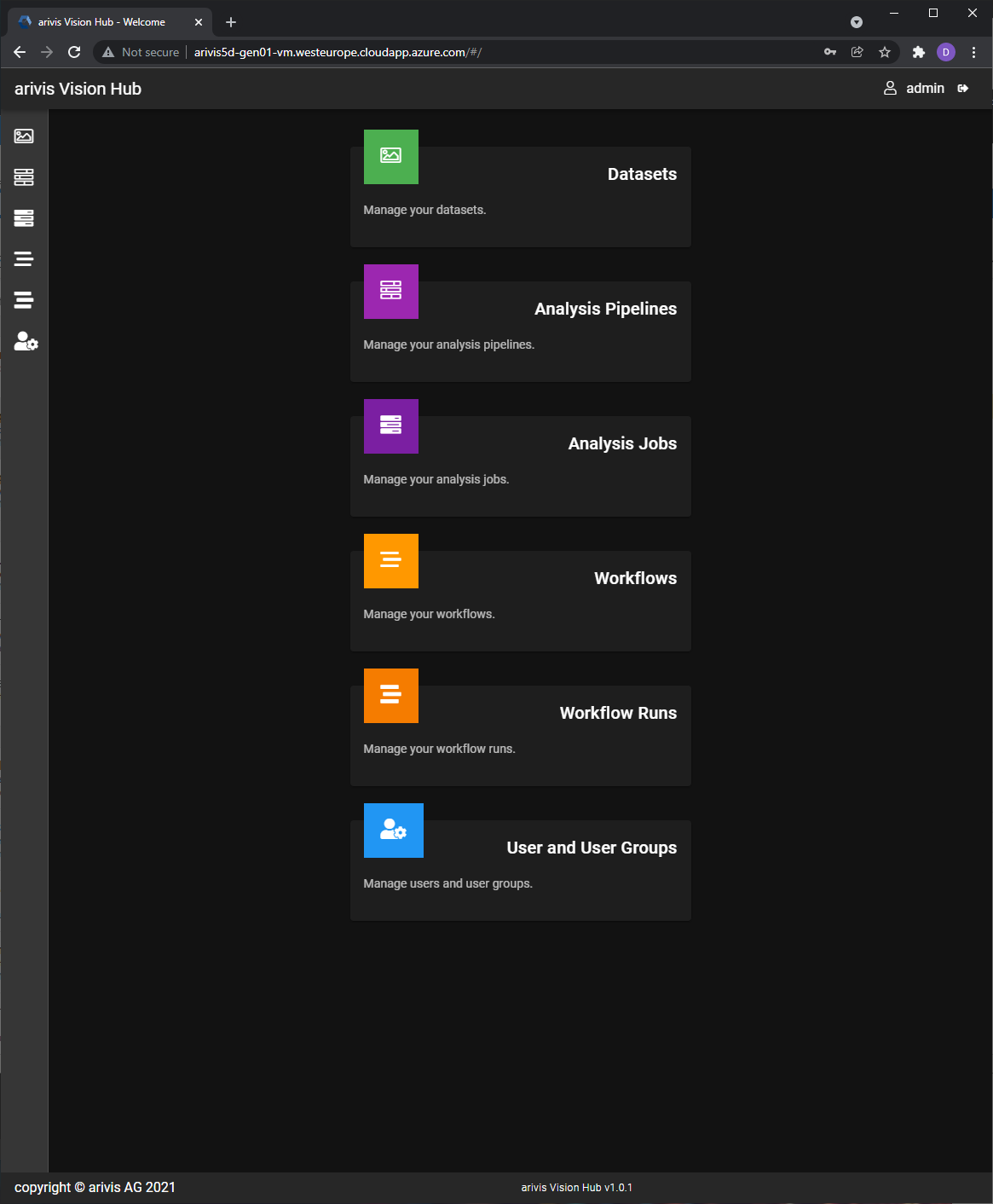 arivis Vision Hub landing page with tiles: Datasets, Analysis Pipelines/Jobs, Workflows/Workflow Runs, User and User Groups