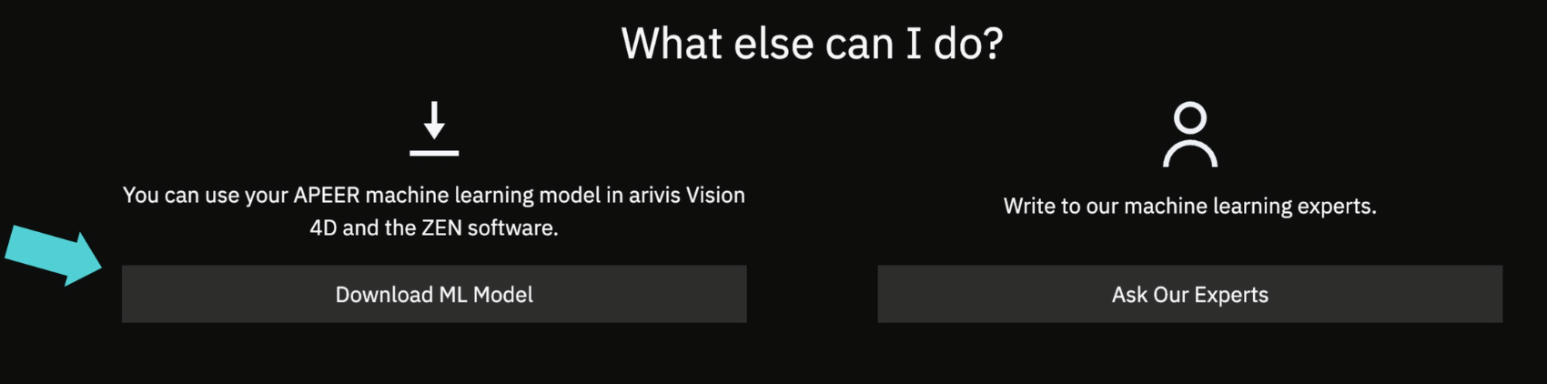 What else can I do? section with text about using APEER model and a Download ML Model button with teal arrow