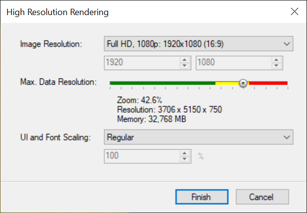 High Resolution Rendering dialog with Image Resolution Full HD 1920x1080, Zoom 42.6%, Memory 32,768 MB