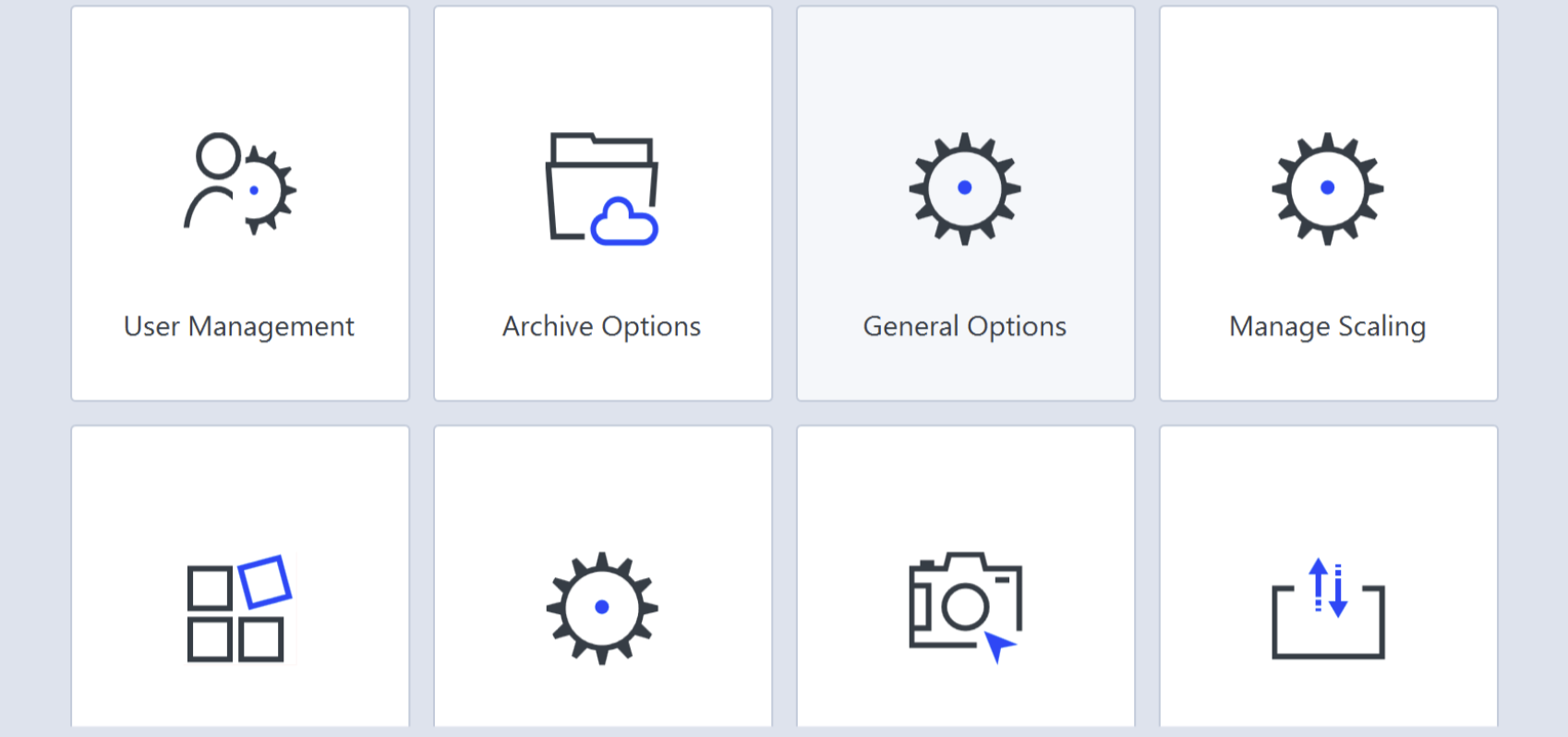 Grid of option tiles including User Management, Archive Options, General Options and Manage Scaling