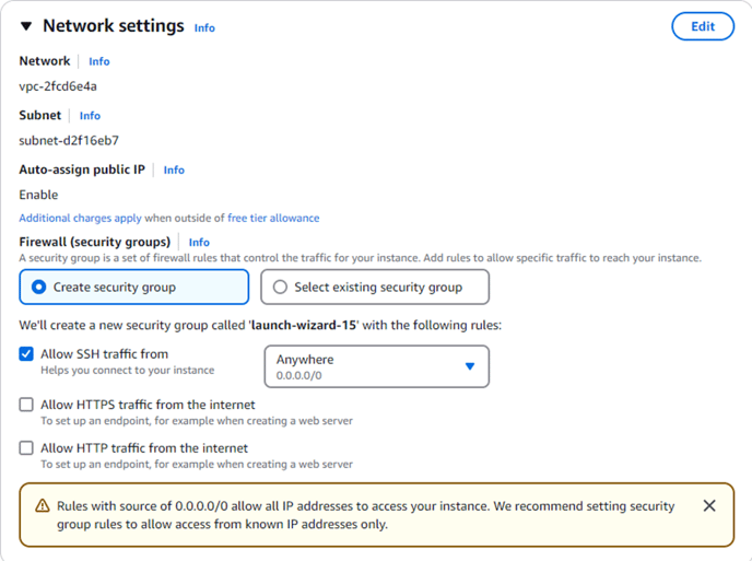 Network settings panel: Create security group selected, Allow SSH from Anywhere (0.0.0.0/0) and warning about open access