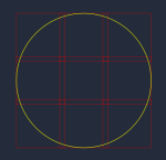 Yellow circle inside red square with red crosshair grid on dark background