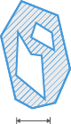 Blue outlined irregular polygon with diagonal hatch, a smaller internal hole, and a horizontal double arrow below