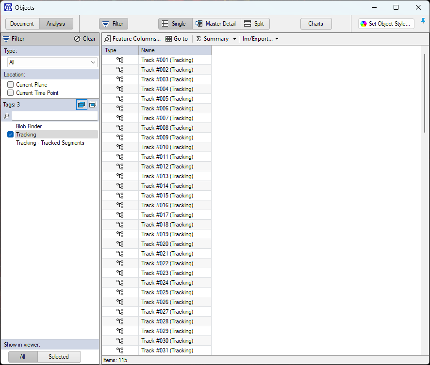 Objects window: left Filter pane with Tracking checked; center list shows Track #001 (Tracking) to Track #031 (Tracking)