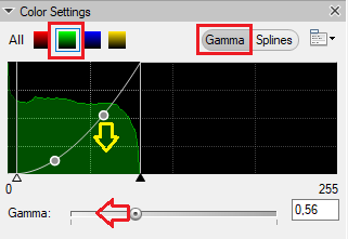 Color Settings dialog showing Gamma tab, green channel selected, curve with a white control point and Gamma: 0,56