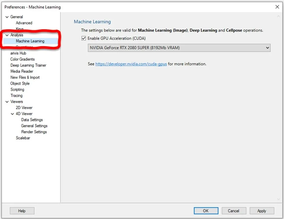 Preferences - Machine Learning window with Enable GPU Acceleration (CUDA) checked and NVIDIA GeForce RTX 2080 SUPER selected