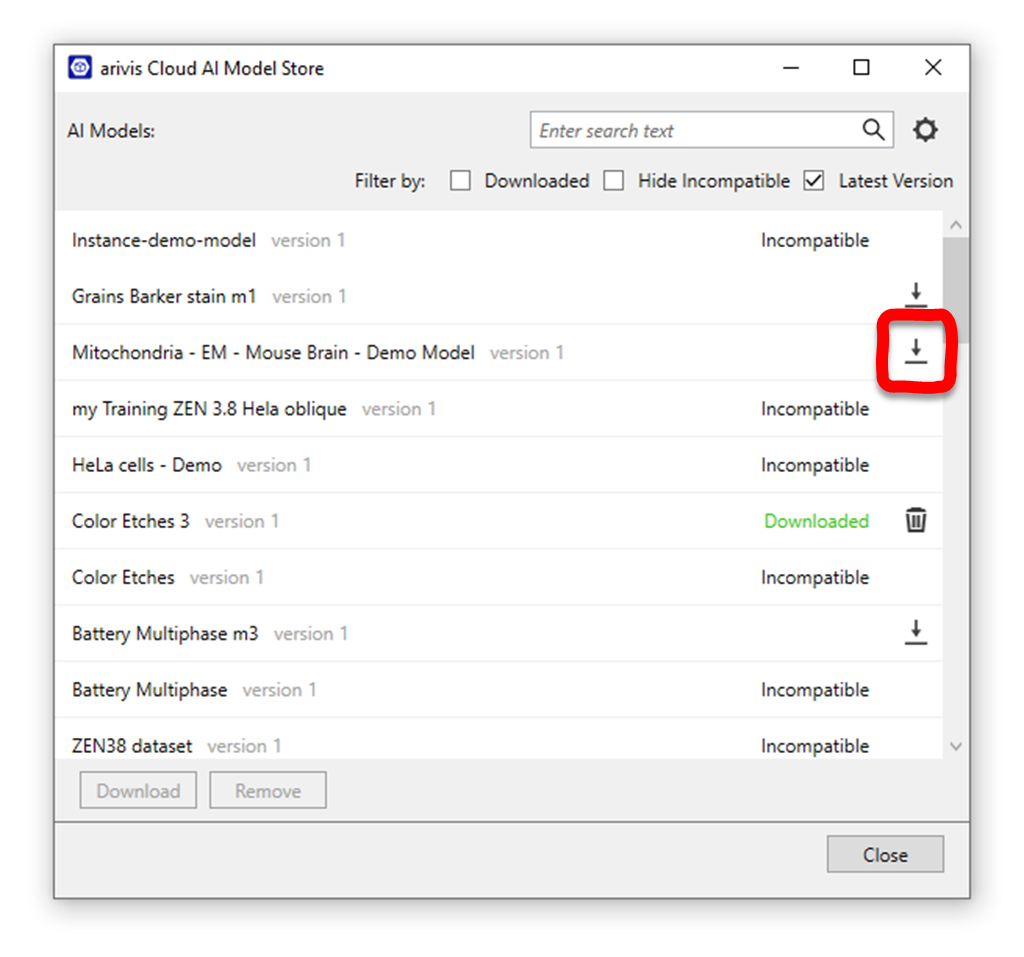 arivis Cloud AI Model Store showing 'Mitochondria - EM - Mouse Brain - Demo Model' with highlighted download icon