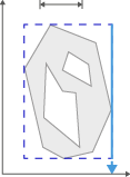 Gray irregular polygon with white interior shapes inside dashed blue rectangle and blue vertical arrow at right.