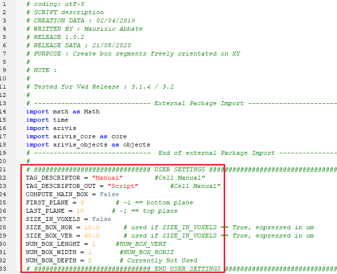 Python code screenshot with highlighted USER SETTINGS block showing TAG_DESCRIPTOR = Manual and FIRST_PLANE = 3
