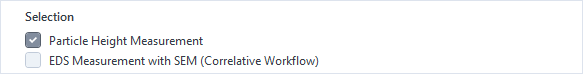 Selection: 'Particle Height Measurement' checked; 'EDS Measurement with SEM (Correlative Workflow)' unchecked
