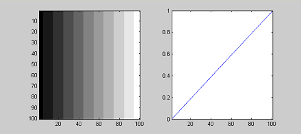 Gamma 1.0 linear example: vertical grayscale bars left and straight diagonal transfer plot right