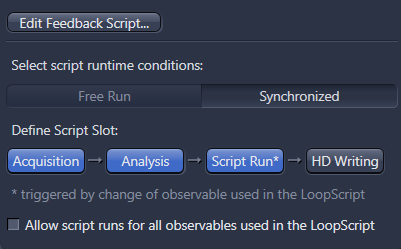 UI panel Select script runtime conditions: with Synchronized selected; Define Script Slot shows Acquisition → Analysis → Script Run* → HD Writing