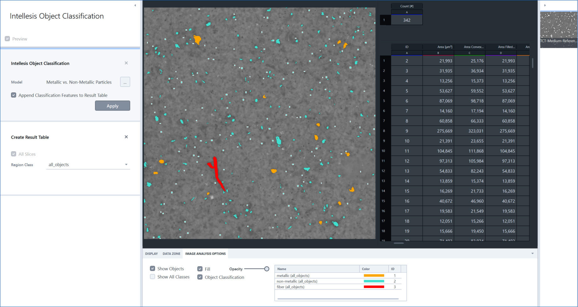 Intellesis Object Classification UI showing microscopy image with cyan, orange, red particle overlays and result table