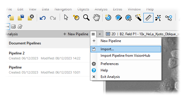Application window showing Analysis panel with Document Pipelines list and an open New Pipeline menu highlighting Import...